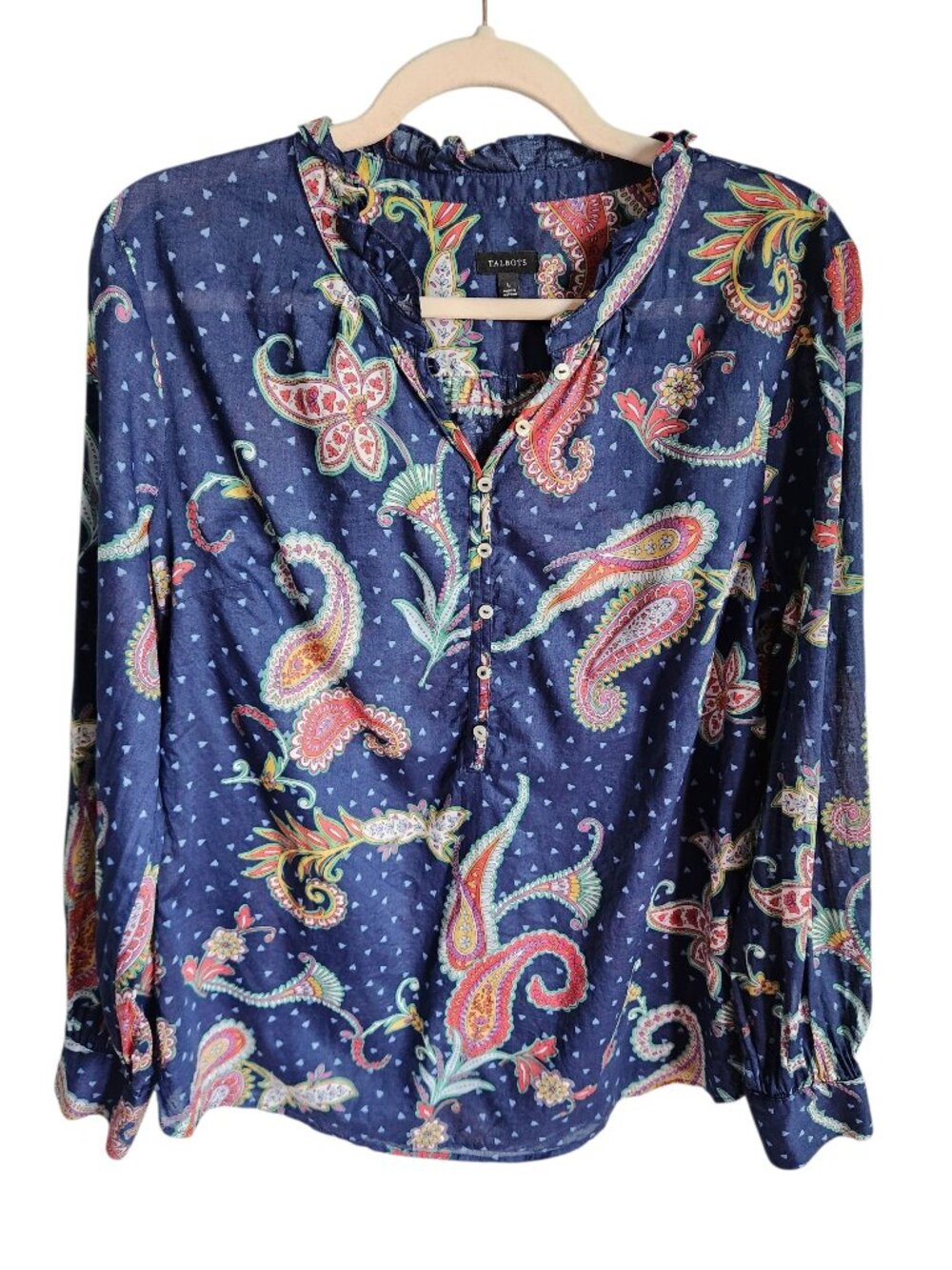 Talbots Shirt Large Blue Women’s Top Paisley Cotton Popover Blouse Lightweight